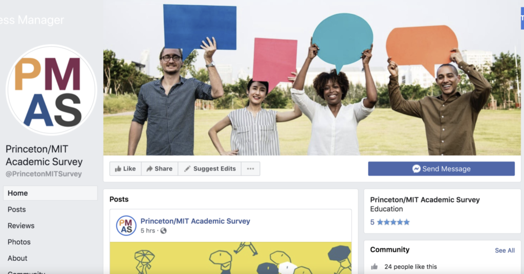 Screenshot of Princeton/MIT Academic Survey Facebook page